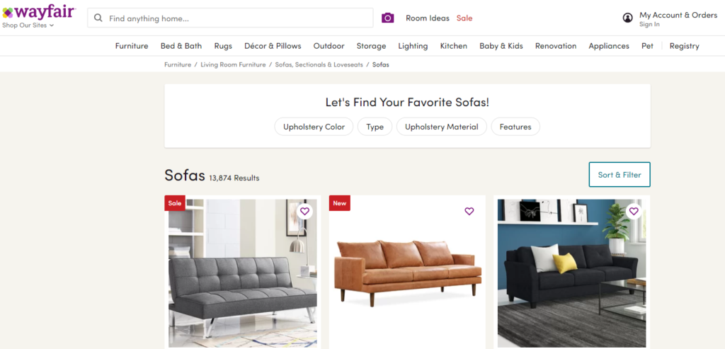 WayFair Sofa Search Results